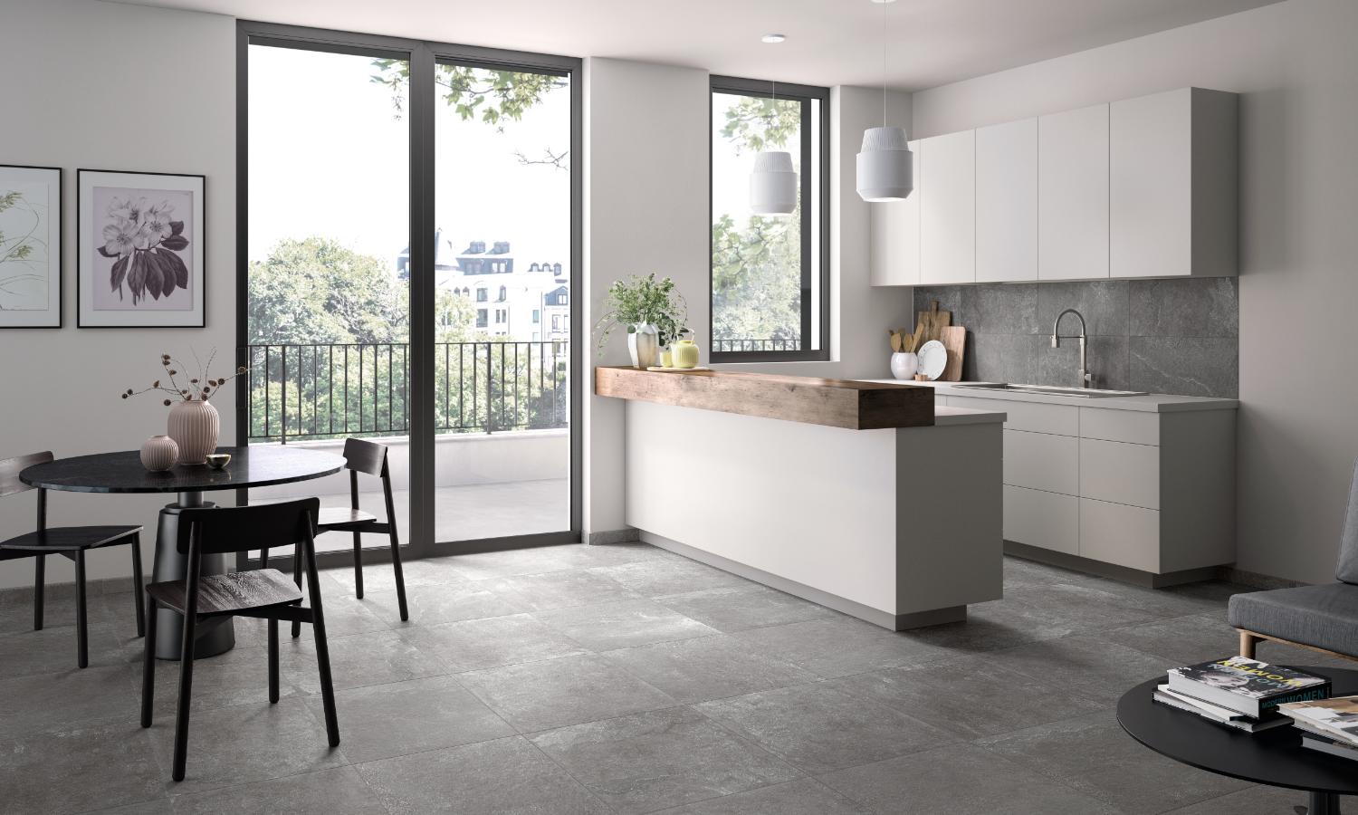 Moderne Küche mit großen Fliesen